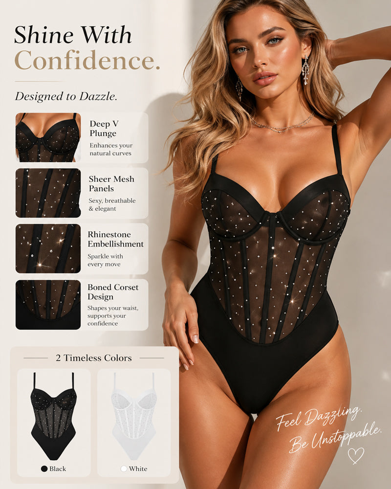 Sparkly Rhinestone See-through Mesh Bodysuit