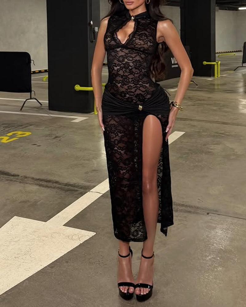 Lace Hollow-out High-slit Bodycon Sleeveless Dress