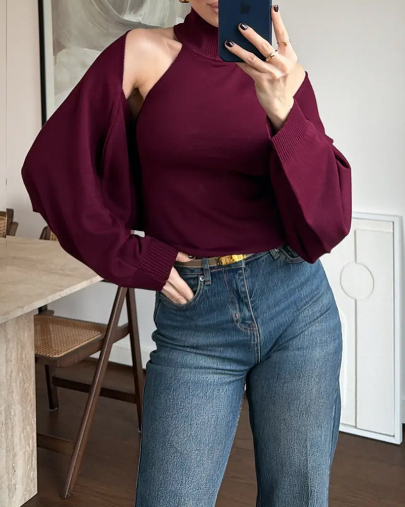High-neck Backless Buckle Closure Knitted Vest and Long-Sleeved Cardigan Two-piece Set