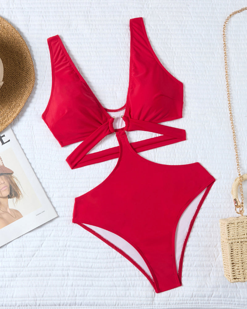 Solid Color Deep V-neck Hollowed-out One-piece Swimsuit