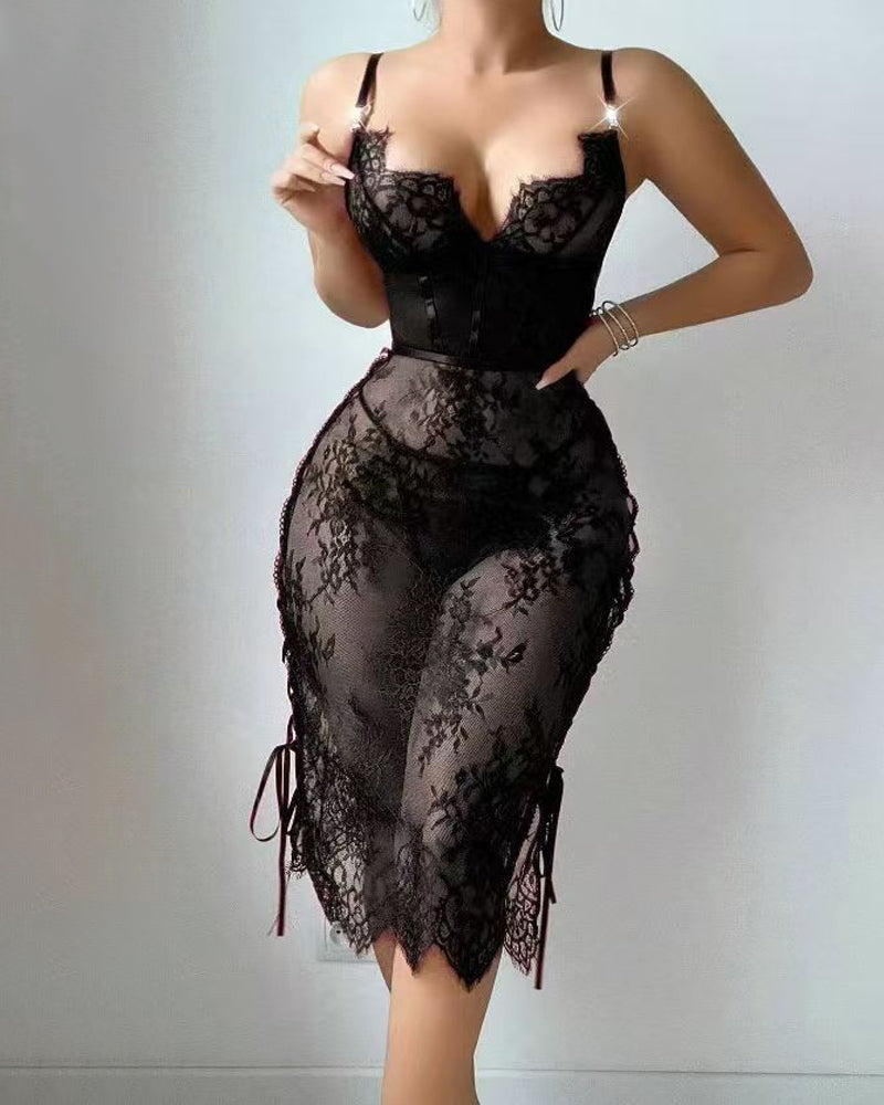 Flower Lace Hollow See-Through Side Strap Long Suspender Dress