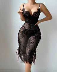 Flower Lace Hollow See-Through Side Strap Long Suspender Dress