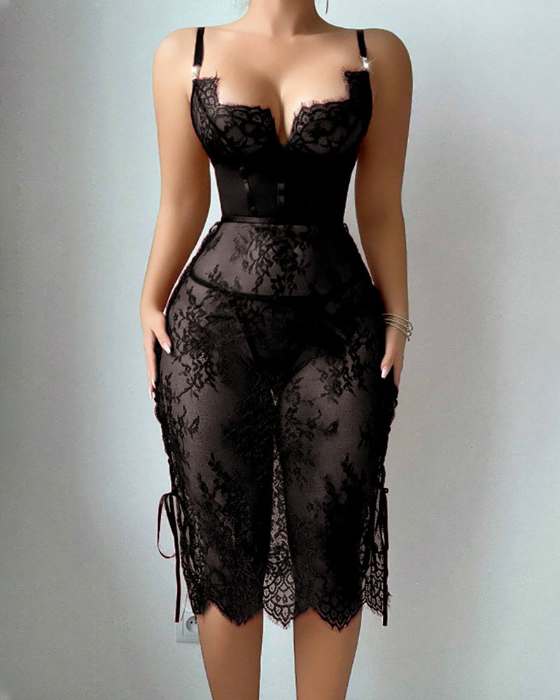 Flower Lace Hollow See-Through Side Strap Long Suspender Dress