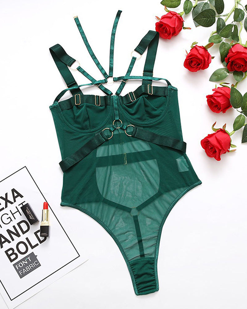 Criss-cross Halter Neck Mesh Breathable Bodycon Lingerie Bodysuit