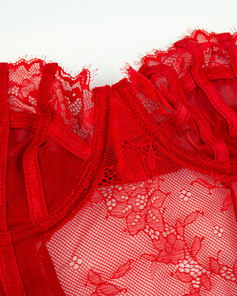Lace See-through Mesh Suspender Bodysuit Lingerie