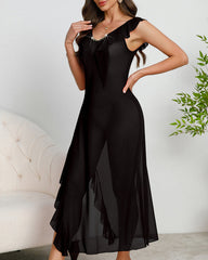 See-through Mesh Backless Pearl-embellished Ruffled Side-slit Long Nightgown
