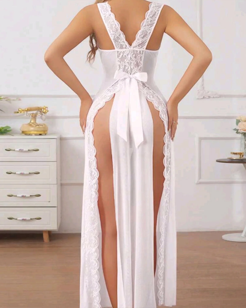 Deep V-neck High Slit Lace See-through Long Nightgown