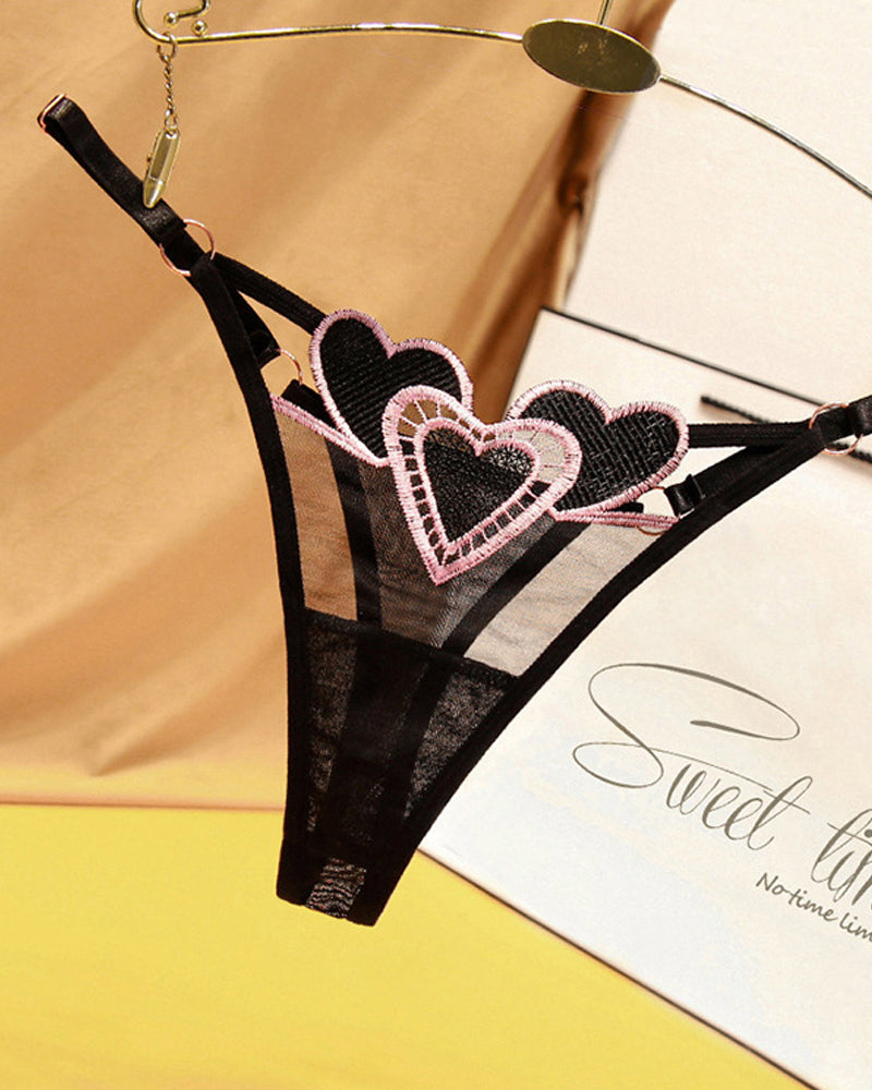 Heart Embroidered Sheer Mesh Thong