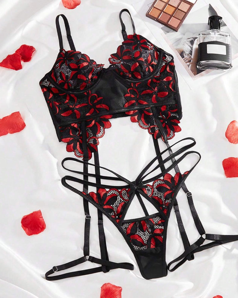Floral Embroidered Colorblock Lingerie Set