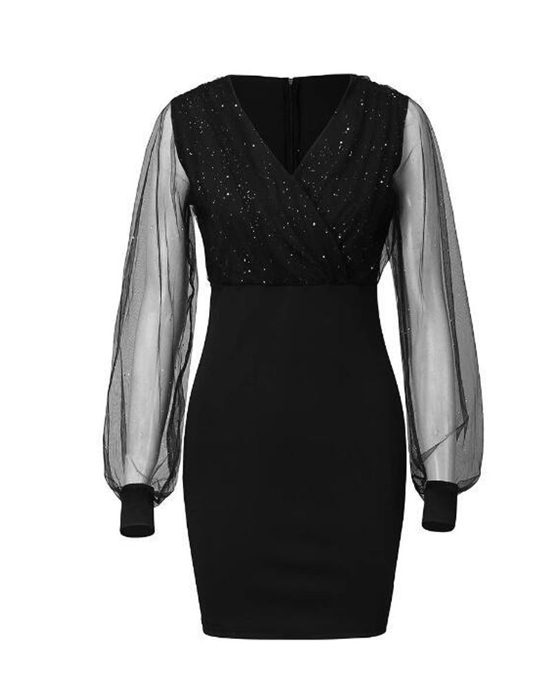 Slim Fit Mesh V-neck Sequined Dress