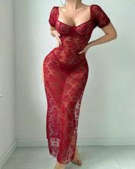 Floral Lace See-through Mesh High Slit Short-sleeved Long Lingerie Nightgown