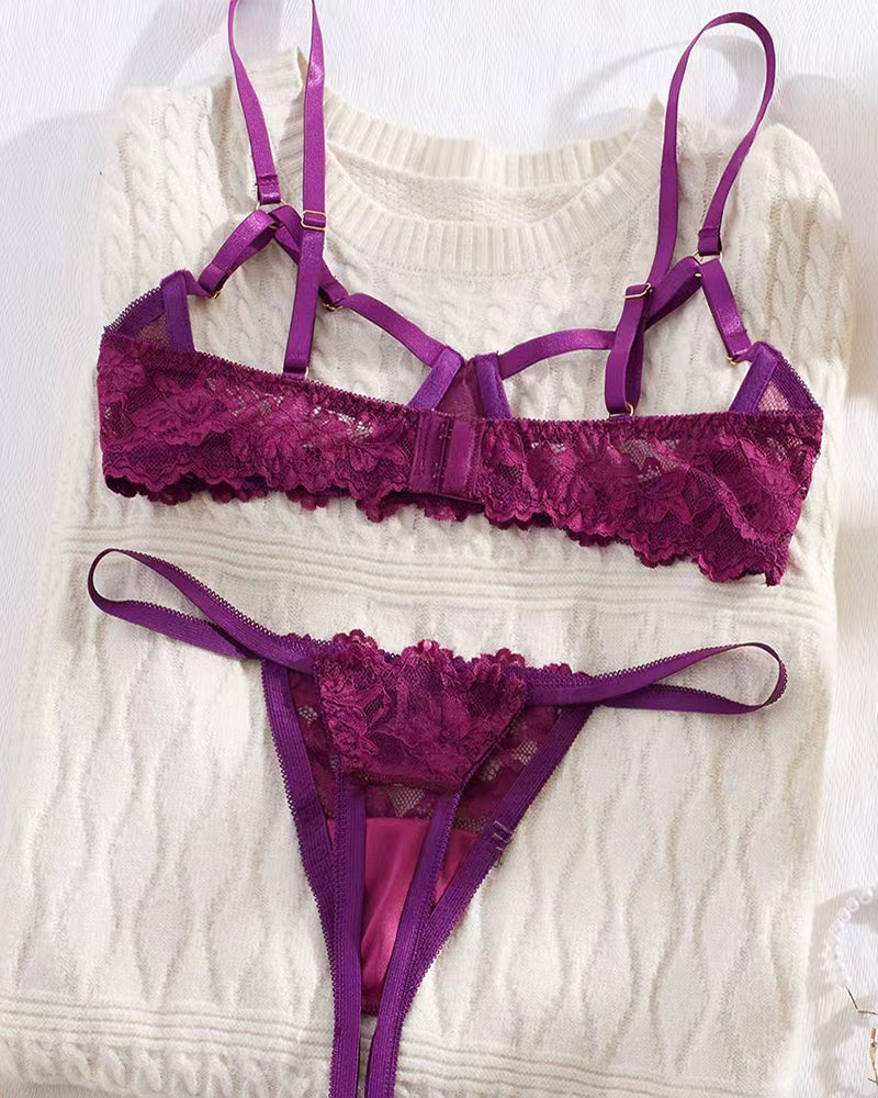Lace Floral Openwork Bra and Thong Lingerie Set
