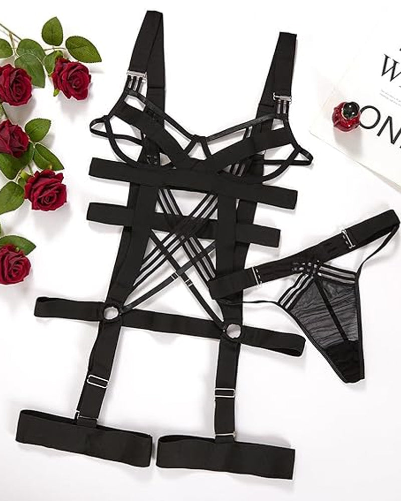 Strappy Crisscross Cutout Underwire Garter Belt Lingerie Set