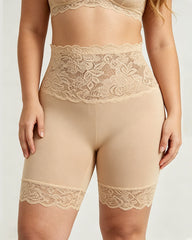 Women's High-Waisted Seamless Tummy Control Lace-Trimmed Elastic Shaping Shorts