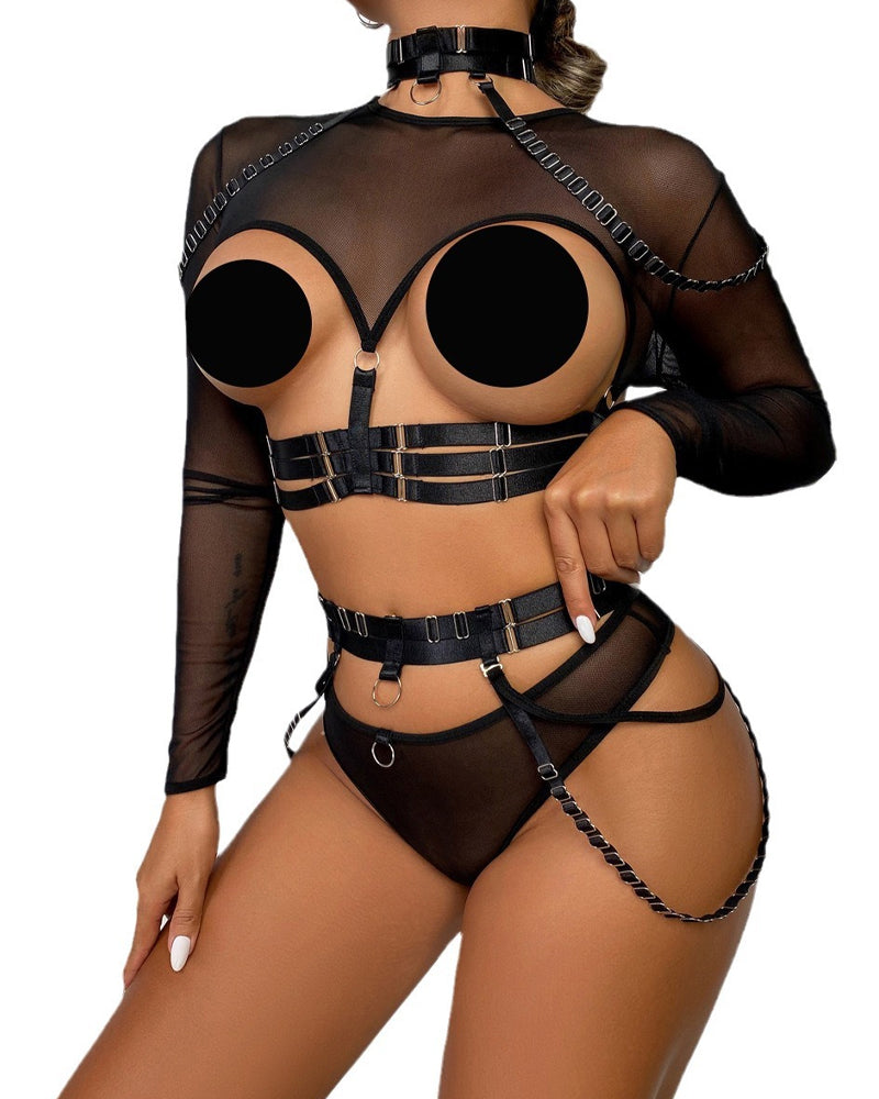 Strappy Halter Neck Corset Mesh Long-sleeved Lingerie Set