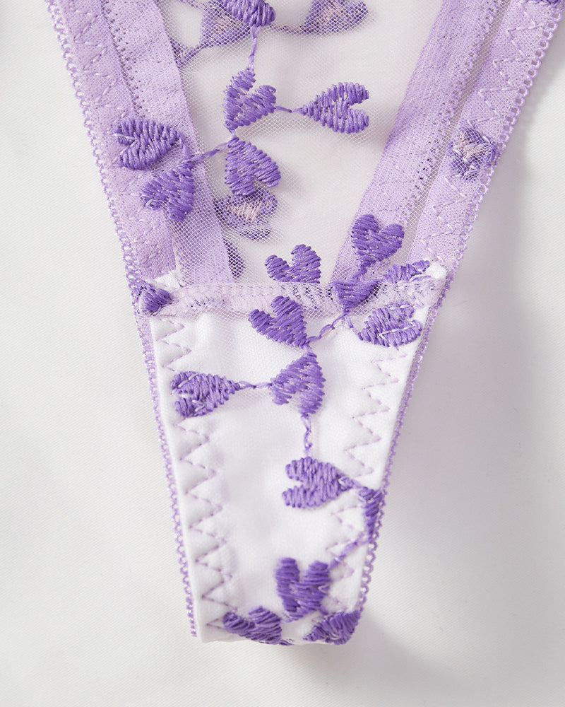 Sheer Mesh Heart-shaped Embroidery Underwire Lingerie Set