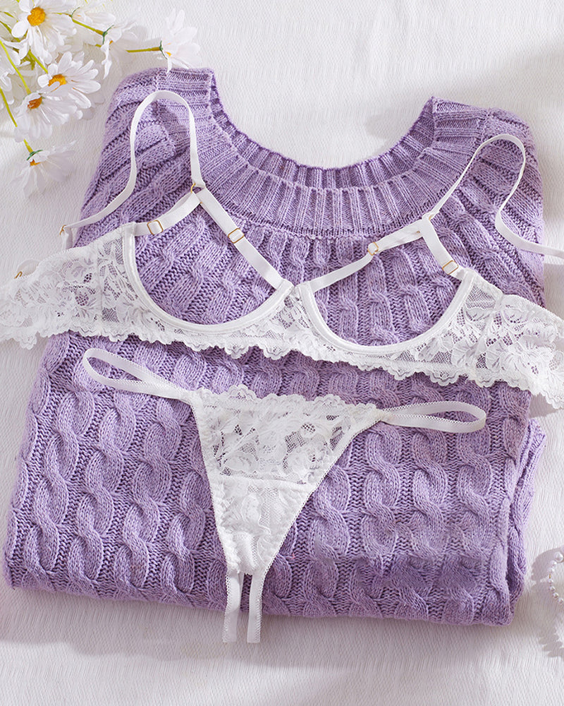 Lace Floral Openwork Bra and Thong Lingerie Set