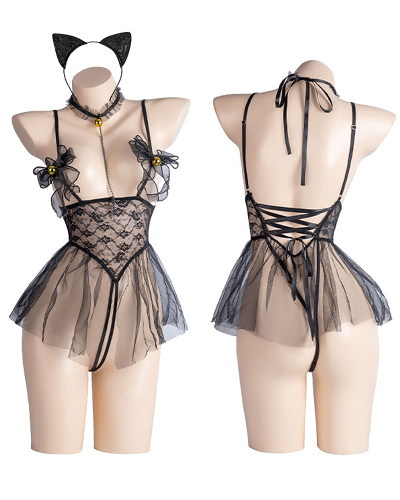 Lace-up Sheer Mesh Bell-adorned Open-crotch See-through Catgirl-style Chemise Nightgown