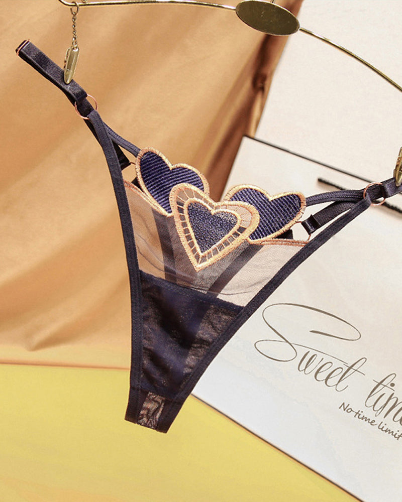 Heart Embroidered Sheer Mesh Thong