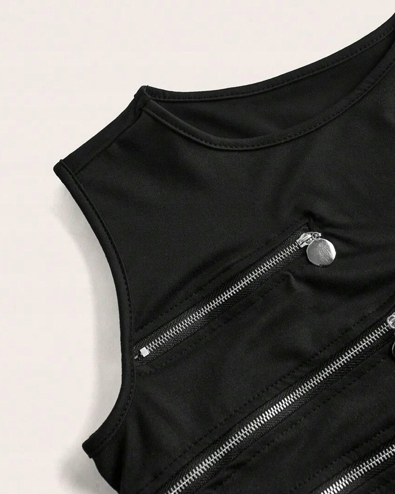 Black Irregular Zipper Cutouts Sleeveless Top