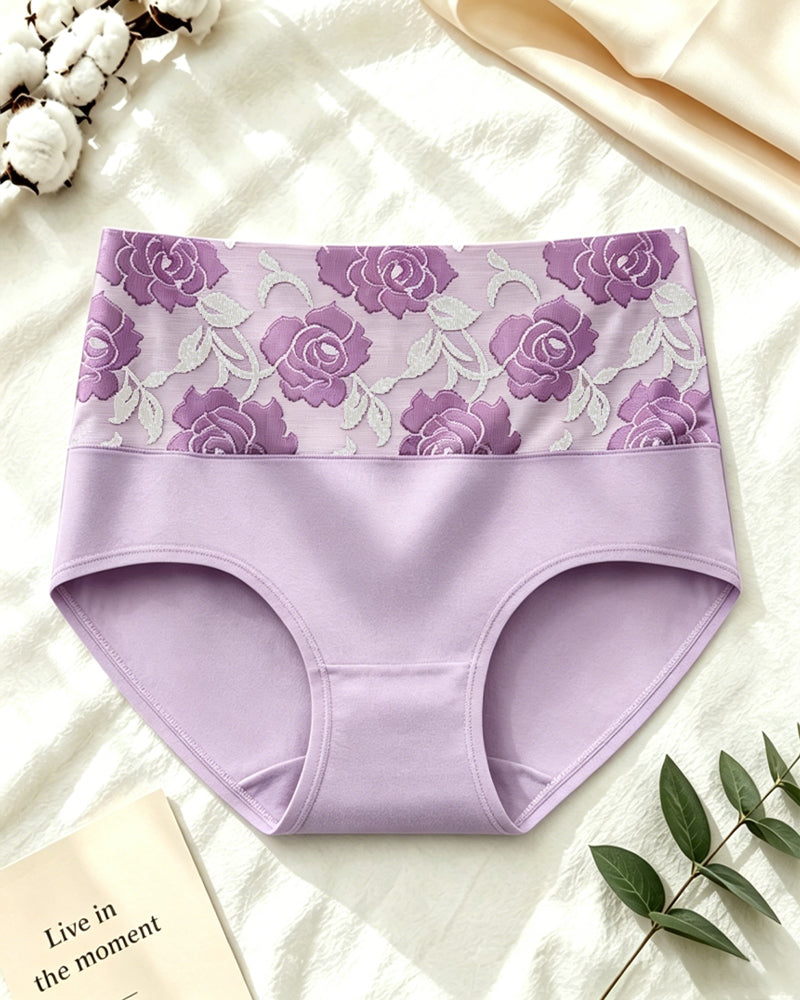 High Waisted Floral Colorblock Printed Pure Cotton Briefs
