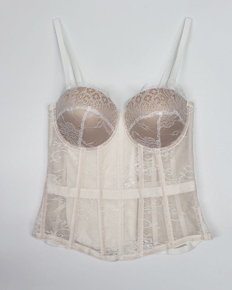 Strapless Lace Mesh See-through Underwire Bra Back Tie Fishbone Top