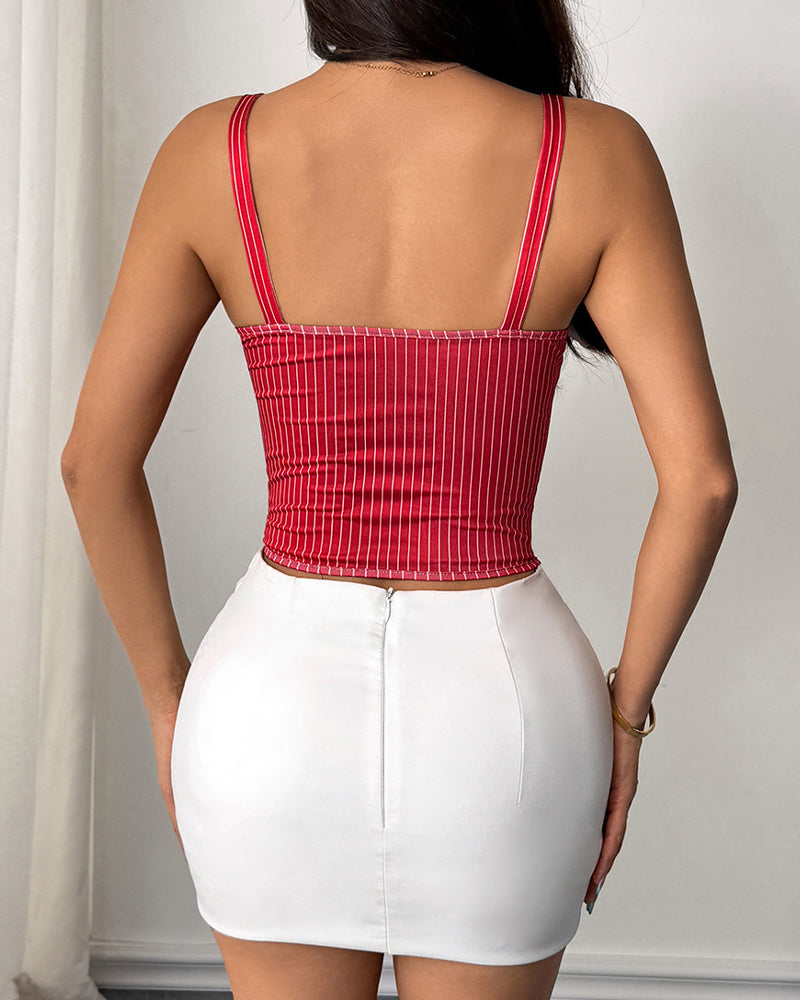 Low-cut Tie-detail Colorblock Corset Top