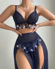 Sheer Mesh Tassel-decorated Deep V-neck Top and High-slit Long Skirt Lingerie Set