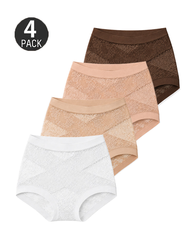 4-Pack High Waist Front Crossover Floral Lace Breathable Panties