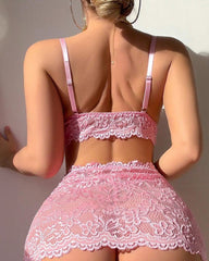 V Neck Lace Trimmed Strappy Lingerie Set