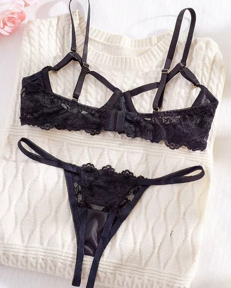 Lace Floral Openwork Bra and Thong Lingerie Set