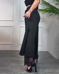 Casual Solid Color Side Slits Lace Trim Drawstring Waist Wide-leg Pants
