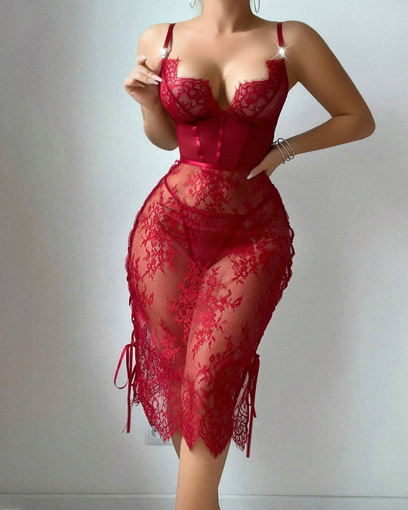 Flower Lace Hollow See-Through Side Strap Long Suspender Dress