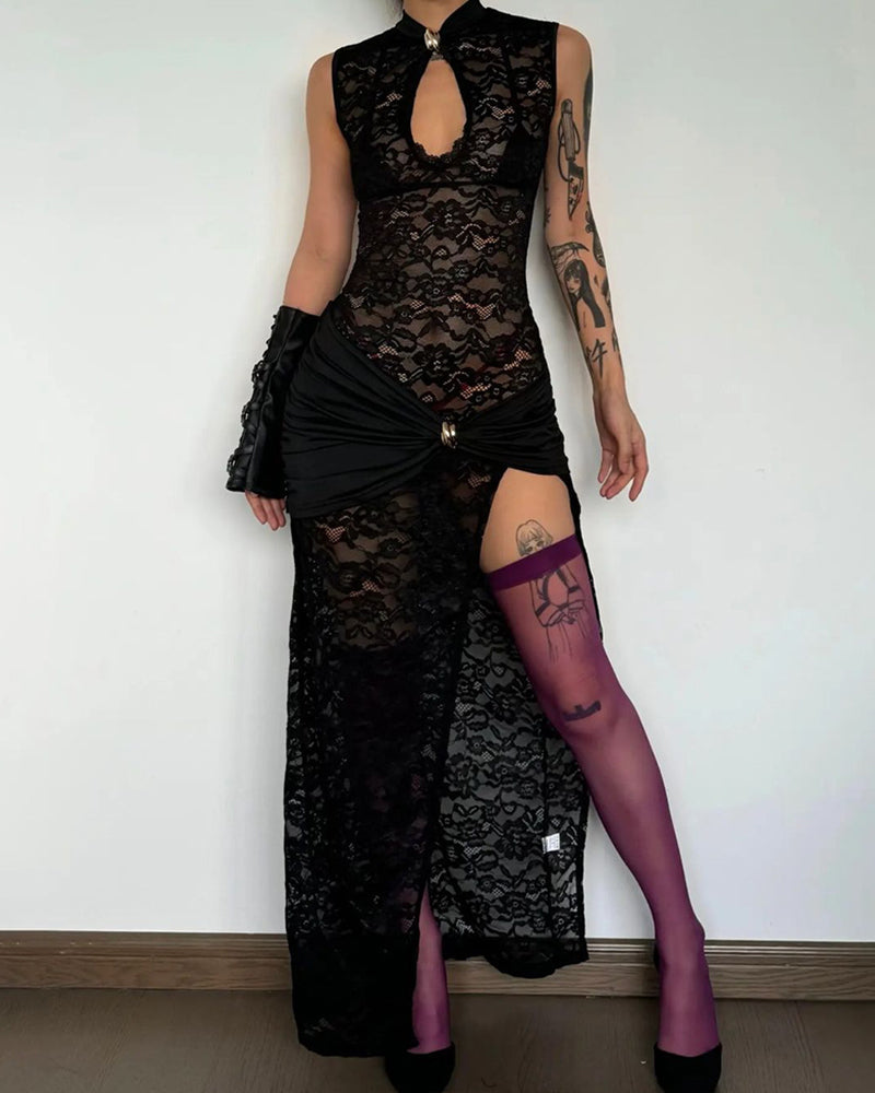 Lace Hollow-out High-slit Bodycon Sleeveless Dress