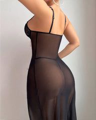 Lace Mesh Sheer High-slit Waist-shaping Long Nightgown