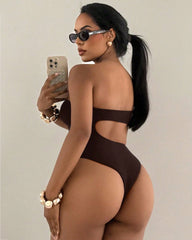 Off-shoulder Cutout Backless Solid Color One-piece Swimsuit