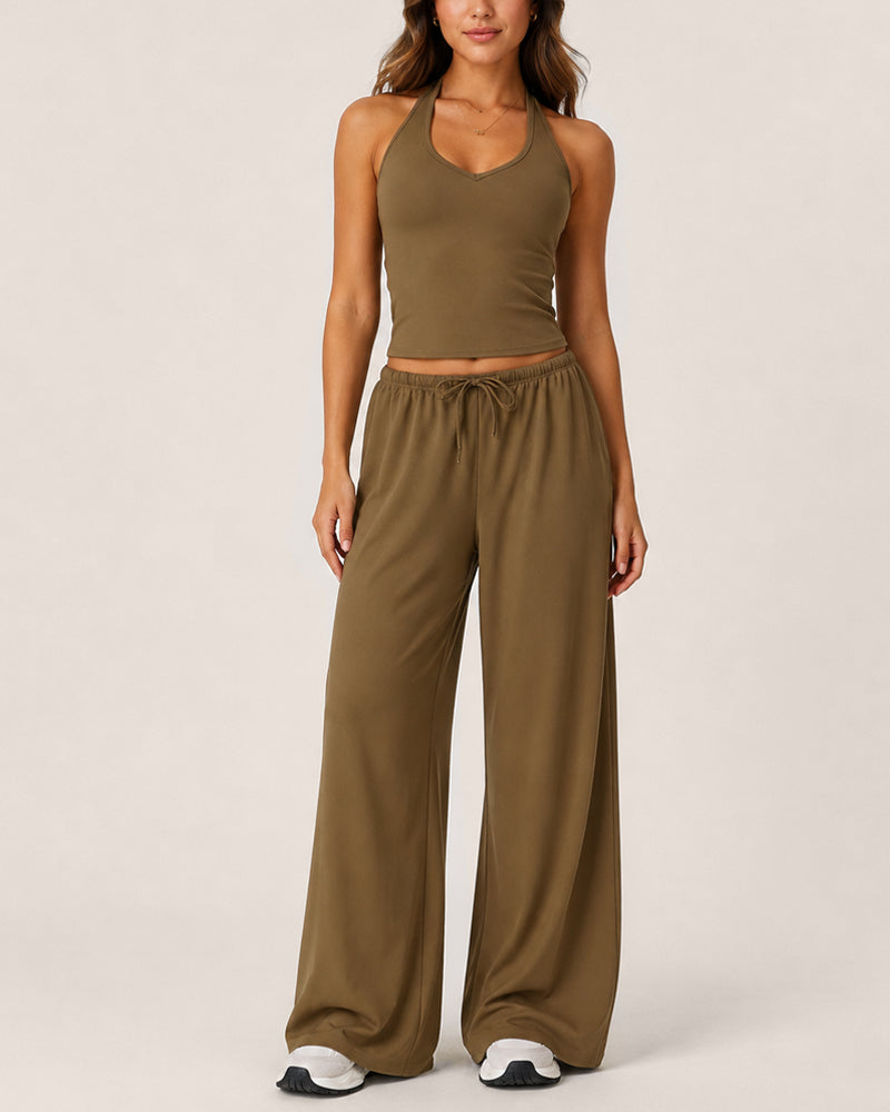 Women's Backless Top and Wide-leg Pants Sports Casual Set