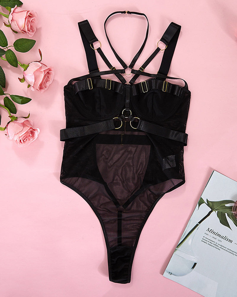 Criss-cross Halter Neck Mesh Breathable Bodycon Lingerie Bodysuit