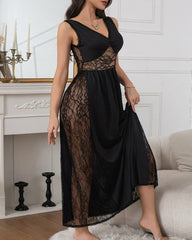 Deep V See-through Lace Patchwork Long Nightgow