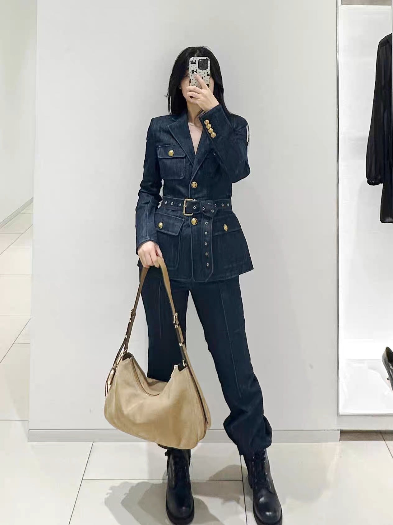 Metal Button Tweed Belted Blazer