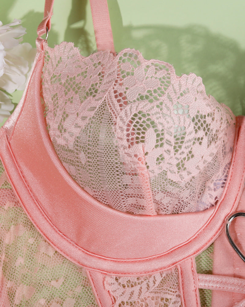 Lace See-Through Heart-Shaped Buckle Lingerie Set