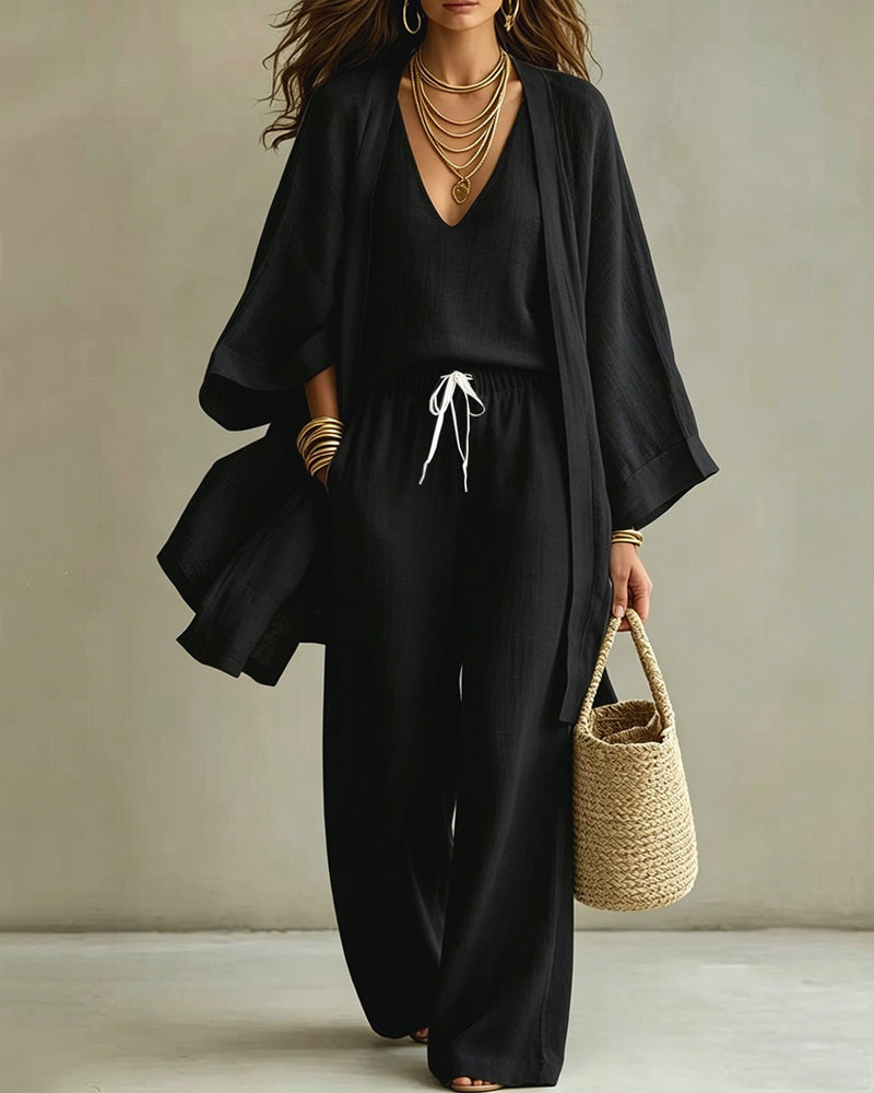 Casual Loose Cotton Linen Sleeveless Vest, Wide-leg Pants and Cardigan Three-piece Set