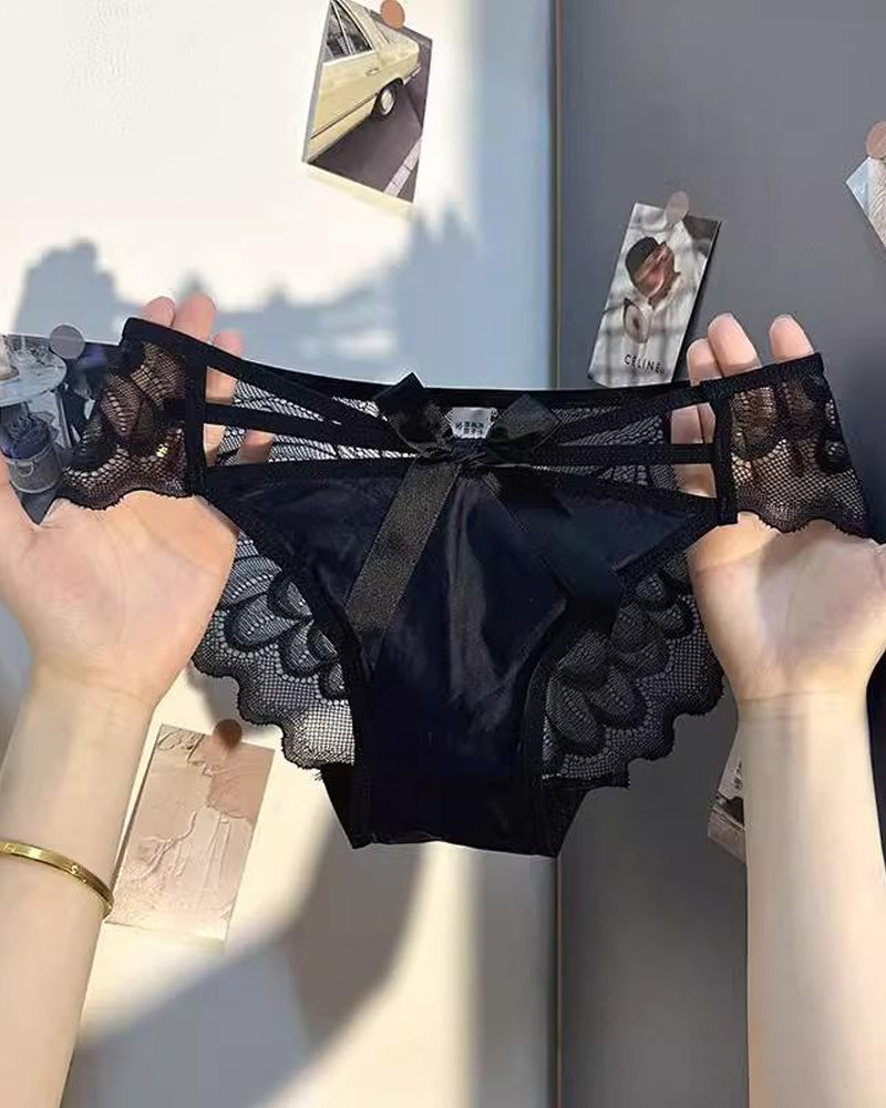 Low-rise Satin Bow-embroidered See-through Lace Panties