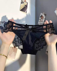 Low-rise Satin Bow-embroidered See-through Lace Panties