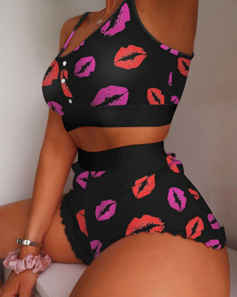Casual Printed Comfortable Breathable Tank Top and Shorts Loungewear Set
