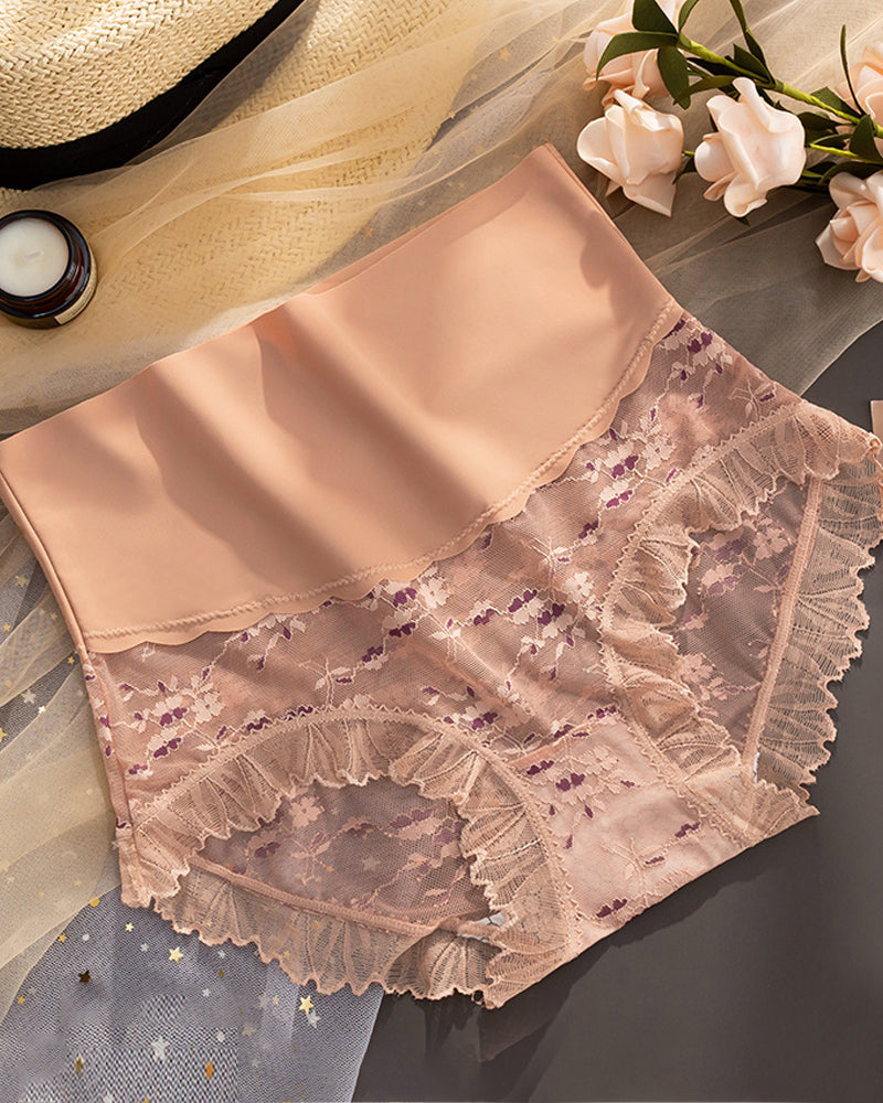 Women's Flower Embroidered Lace High-waisted Tummy-control Breathable Seamless Briefs