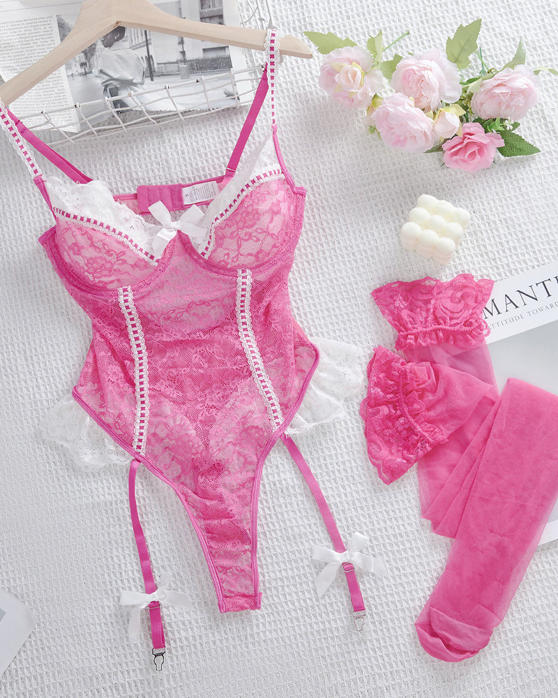 Colorblock Floral Lace See-through Bodysuit with Stockings Set