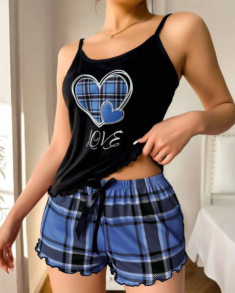 Casual Plaid Colorblock Print Camisole and Shorts Loungewear Set