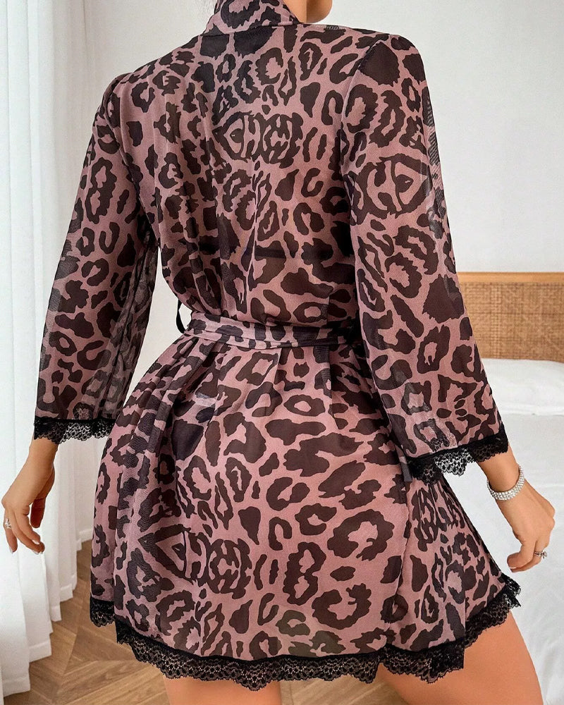 Leopard Print Mesh Halter Bikini and Robe Set