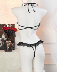 Halter Neck Floral Lace See-through Cutout Bust Bodysuit Lingerie